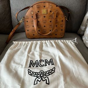 Authentic MCM Signature cognac diamond logo leather round top tote crossbody